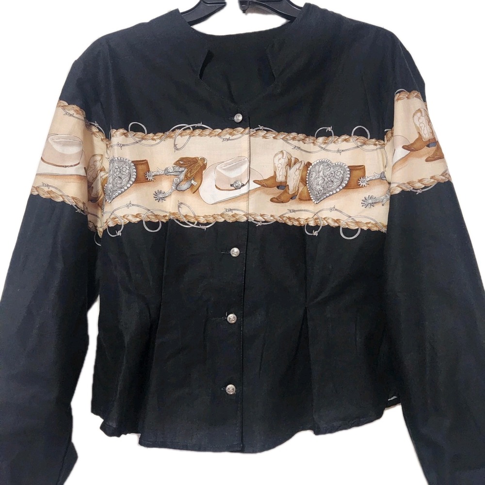 Roper Vintage Women's Western Rodeo Shirt Boots, Buckles And Hats, Size Small